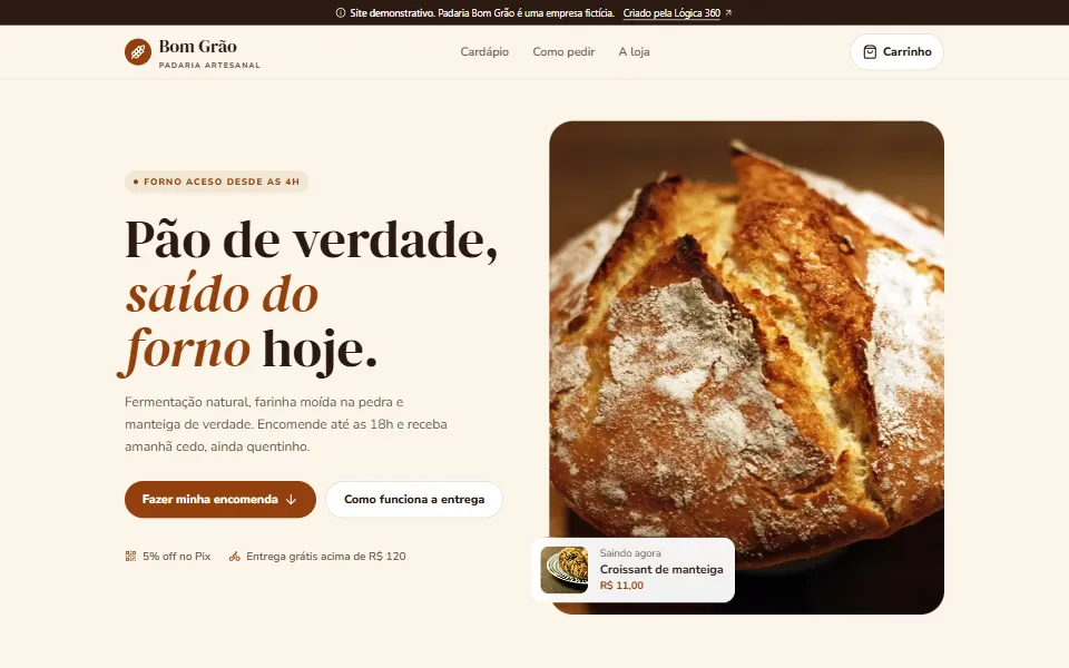Página inicial do site demonstrativo Padaria Bom Grão